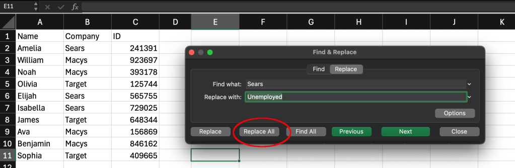 An excel table with find replace being done