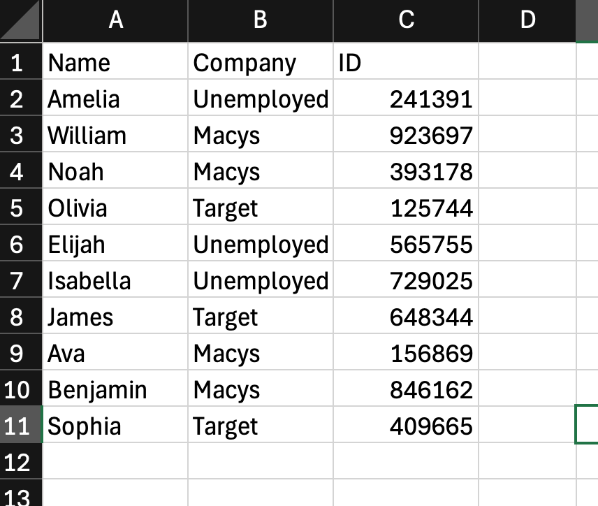 An excel table after having find replace done on it